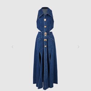 Urban Revivo CUT-OUT SLEEVELESS LAPEL DENIM DRESS